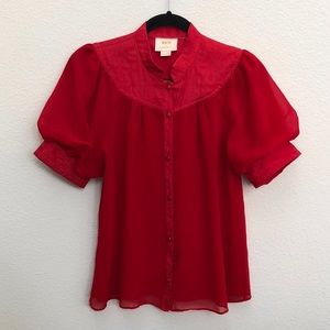 Anthropologie Maeve Lavoie Red Puff Sleeve Blouse